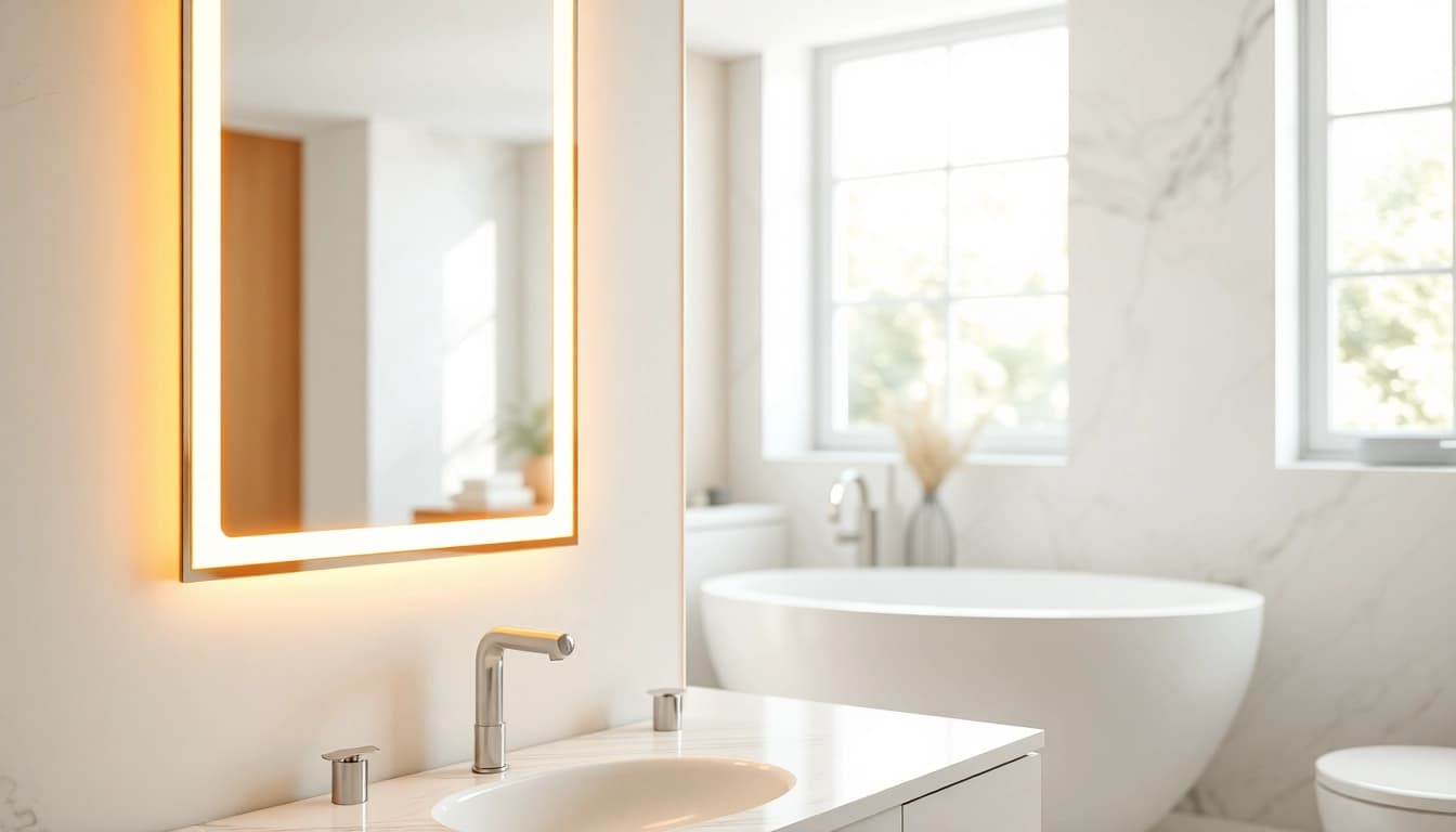Enhance your space with a stunning mirror and LED lights illuminating your bathroom beautifully.