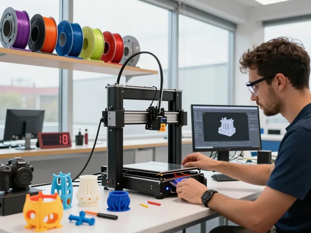 3D Printing technician operating high-end printer in a creative workshop