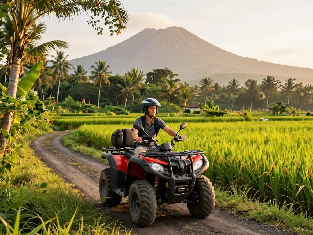 Bali tour adventure on an ATV through lush jungles and rice fields at sunset
