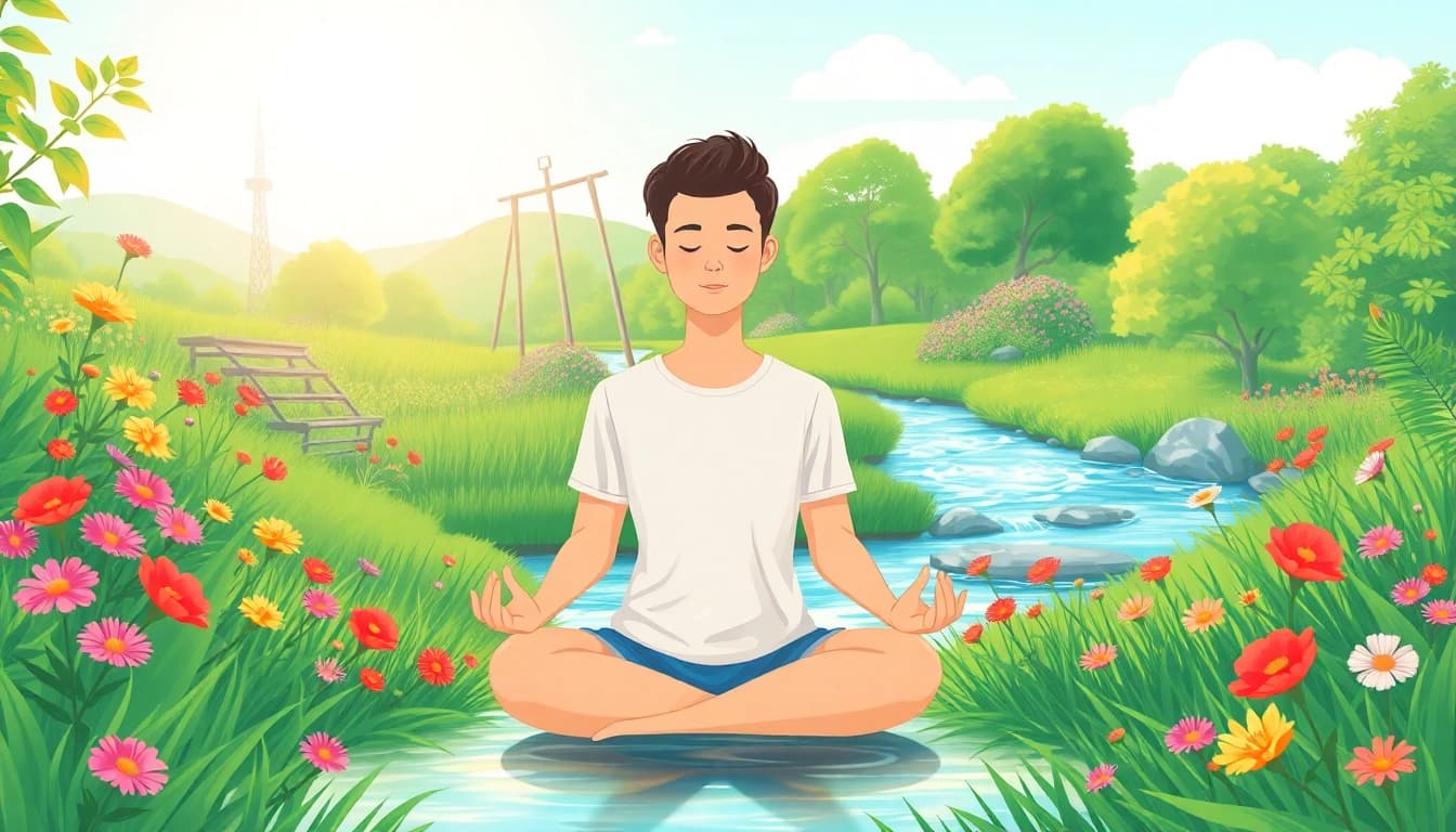 A serene scene highlighting mental wellness with an individual practicing mindfulness in nature.