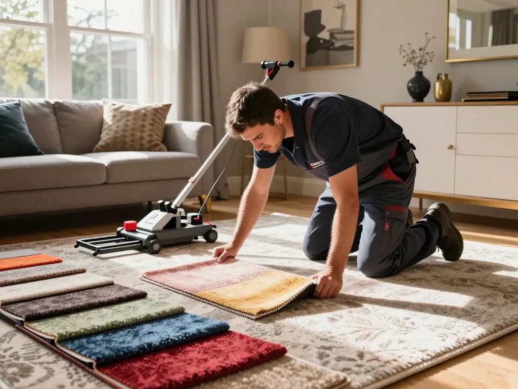 Skilled carpet fitter showcasing carpet fitting services West London in a bright living room.