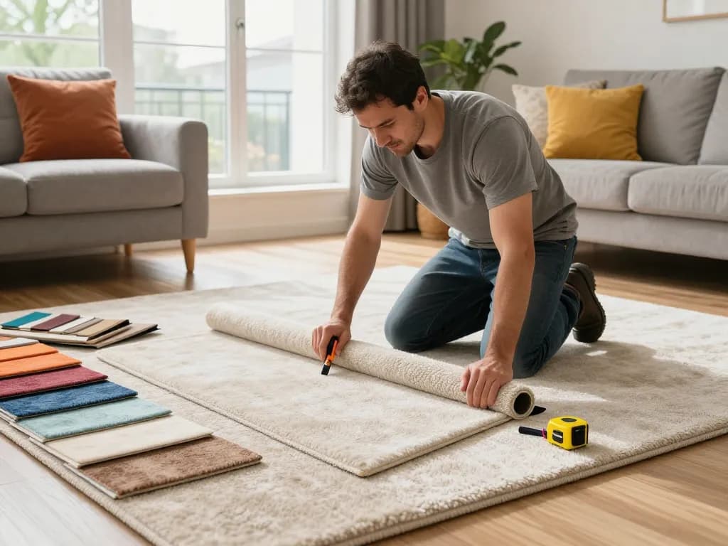 Professional carpet fitters near me laying plush carpet in a cozy living room.