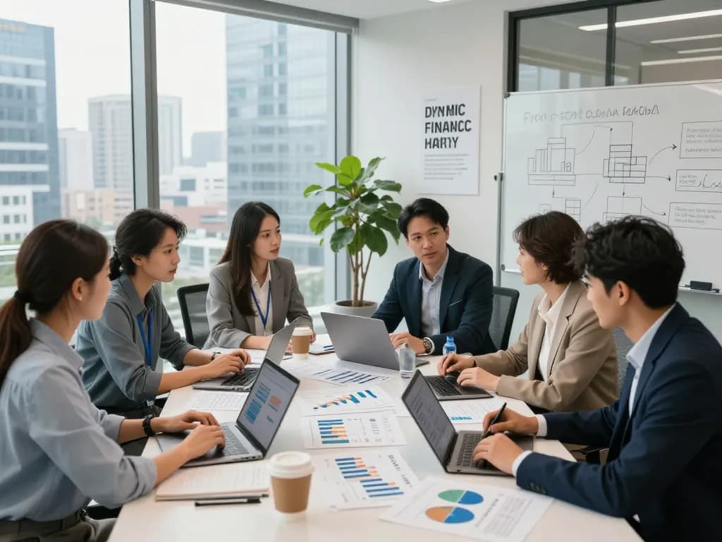 Team collaborating on large scale project financing strategies in a modern office.