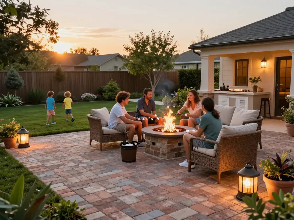 A cozy outdoor living space with brick pavers near me, featuring a family around a fire pit, elegantly designed patios, and lush greenery.