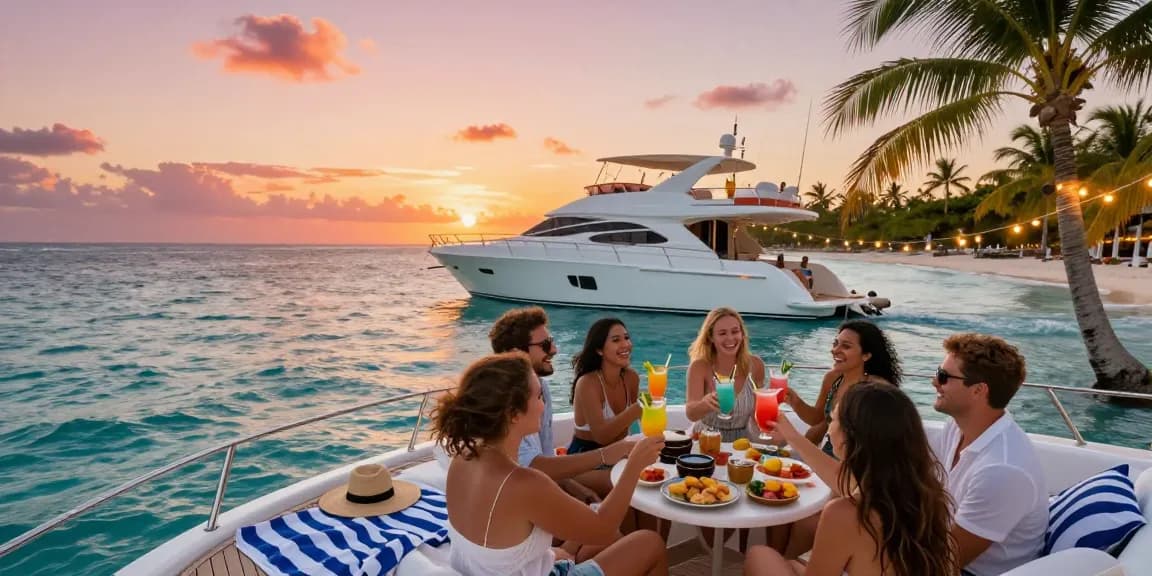 Luxury yacht rental in Punta Cana with friends celebrating over tropical drinks at sunset.