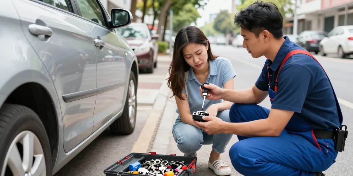 Autosleutel kwijt? A locksmith helping a distressed customer outside a locked car.