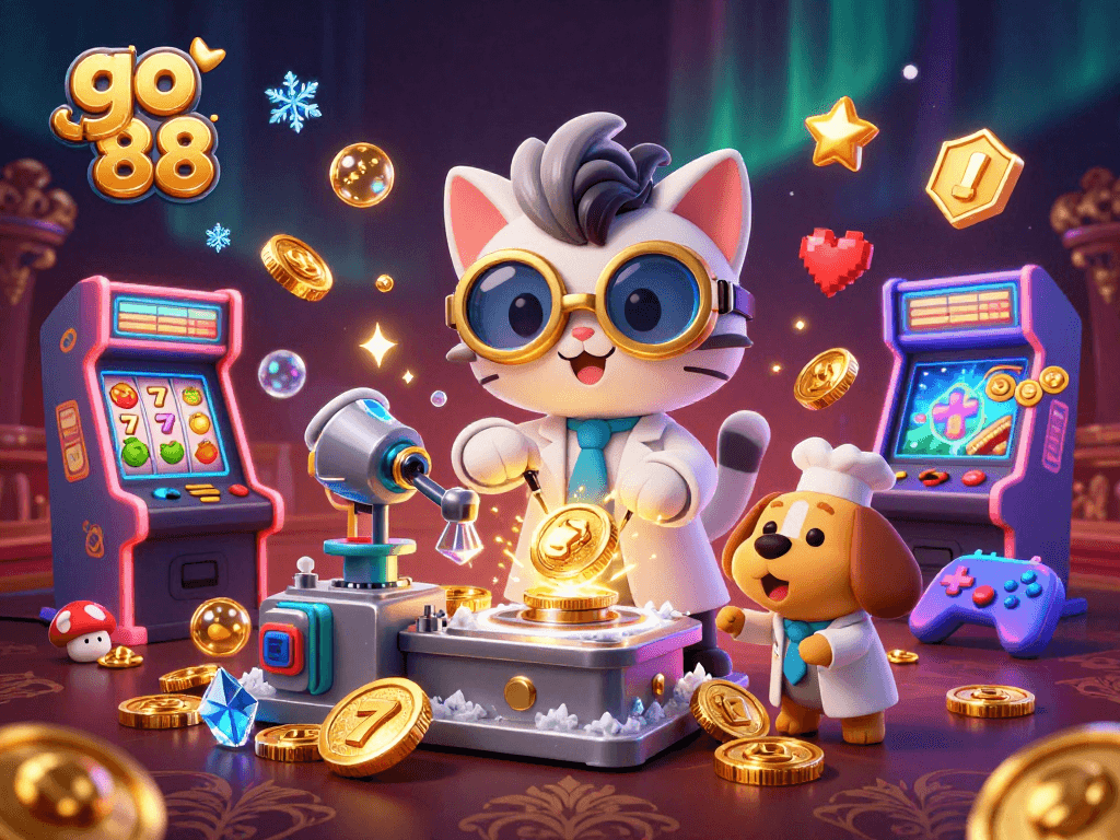 Engage with go 88 and win with vibrant cartoon casino imagery featuring a mad scientist context.
