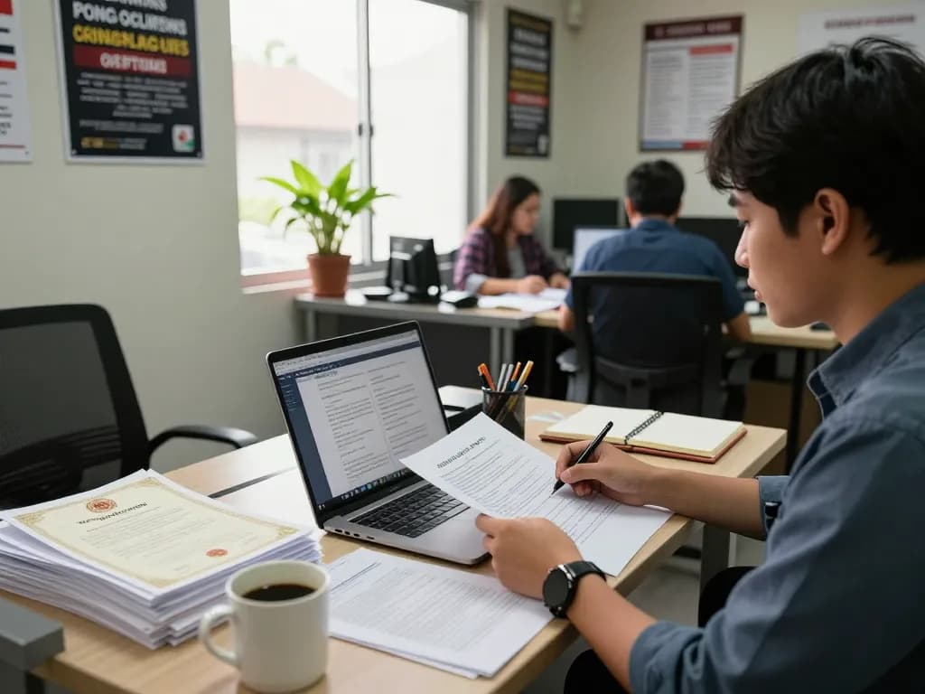 Translation Services in Chiang Mai office scene with a document translator at work, showcasing professionalism.