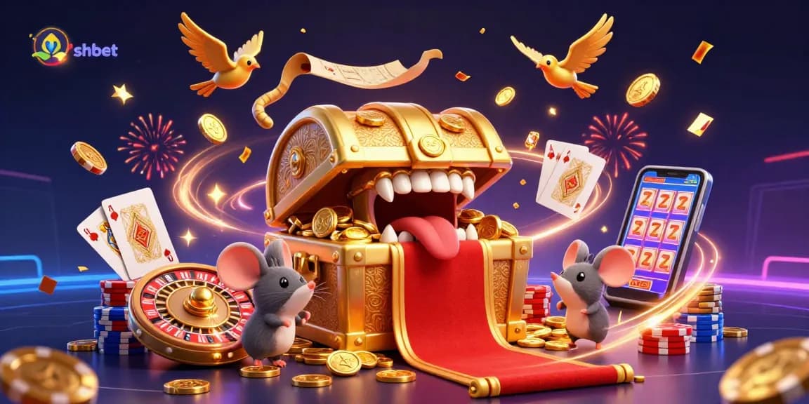 Experience shbet's thrilling gaming adventure with a treasure chest luring mice and sparkling coins!