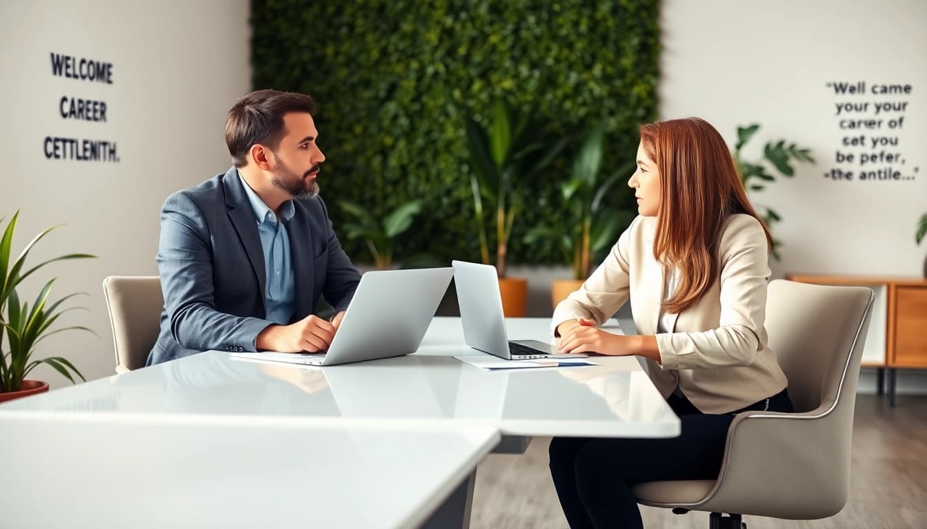Engaging career coaching session with a client in a modern office.