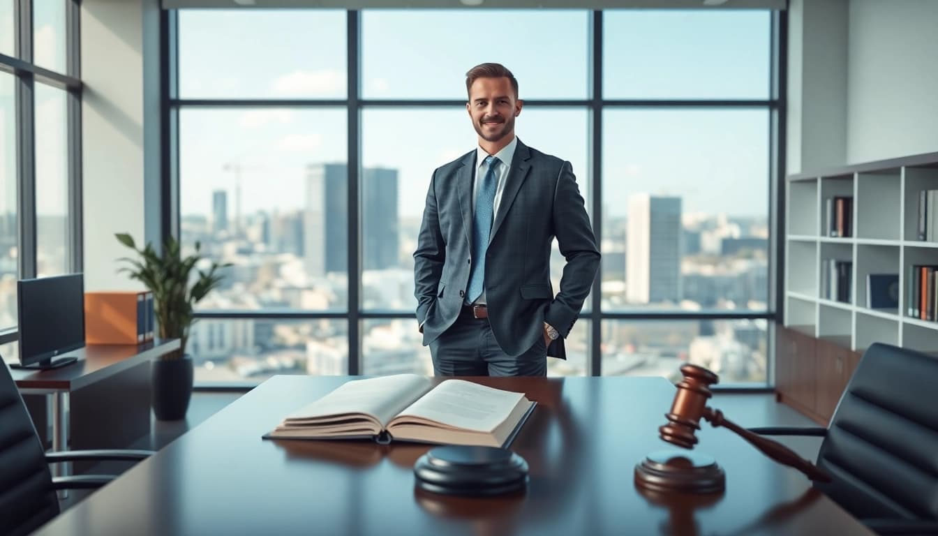 Clearwater truck accident lawyer in modern office promoting legal expertise and client trust.