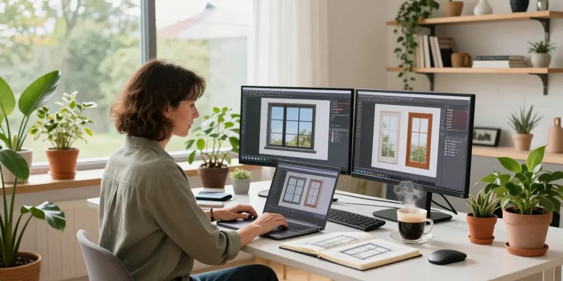 Home office workspace featuring window design options, highlighting the keyword Domain while creating a bright atmosphere.