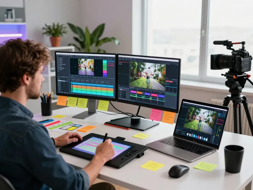 Kling motion control artist working on innovative video animations in a sleek digital studio.