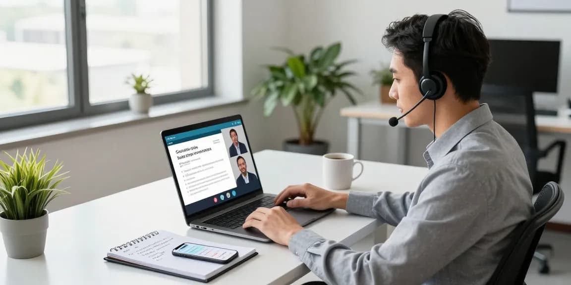 Professional engaging in a video call with headsets at Telecomshop.nl