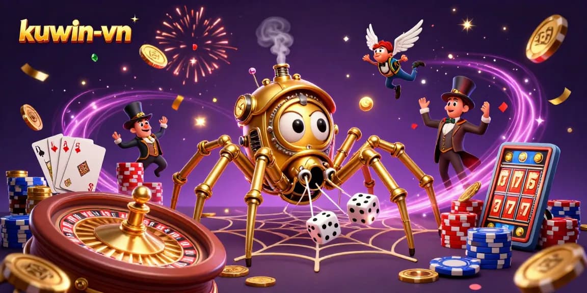 Engage in thrilling gambling action with kuwin-vn's steampunk spider and a fly gentleman amidst vibrant casino elements.