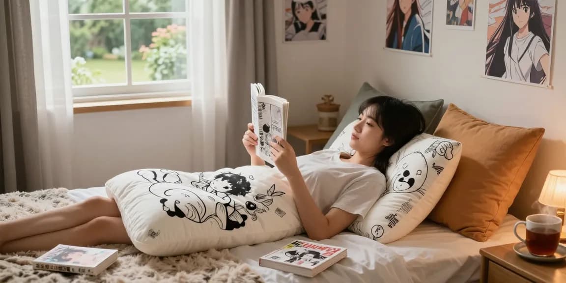 Relaxing scene with a person enjoying a custom body pillow while reading, showcasing cozy bedroom elements.