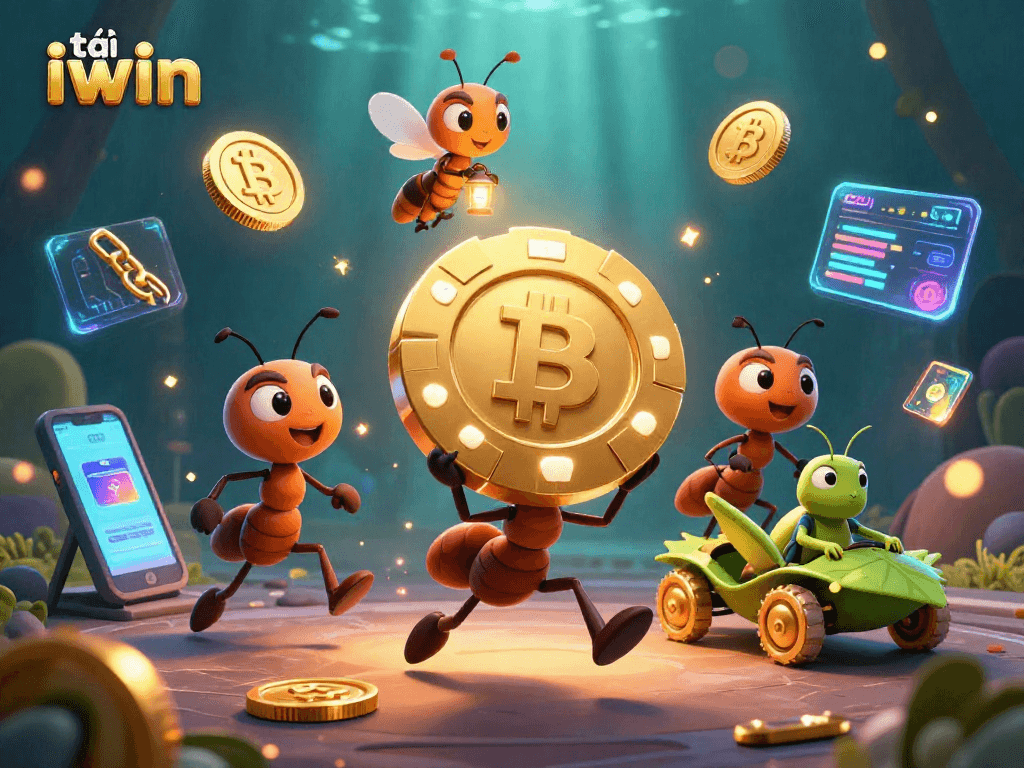 Engage in the thrill of tải iwin as ants pull a heist with a giant poker chip, surrounded by vivid crypto elements.