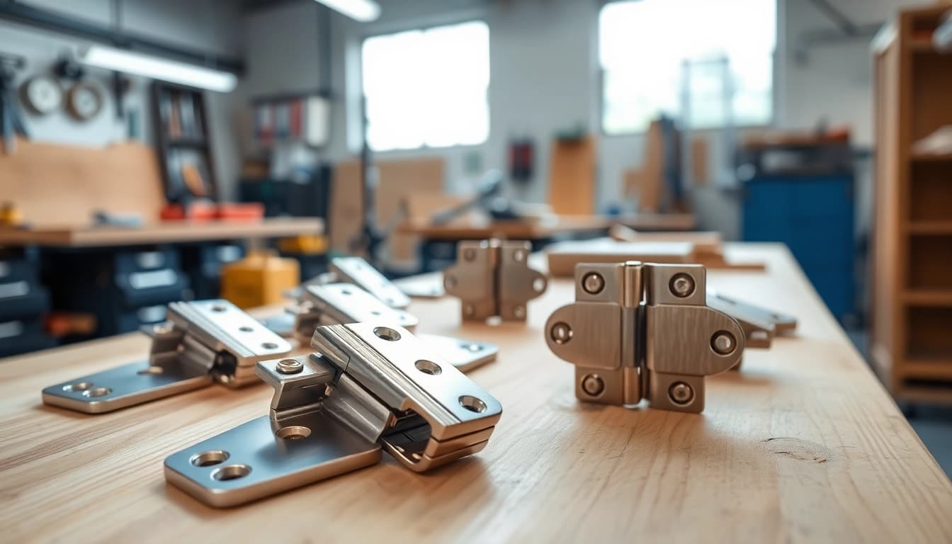 Cabinet hinge manufacturers showcase a variety of hinges in a modern workshop.