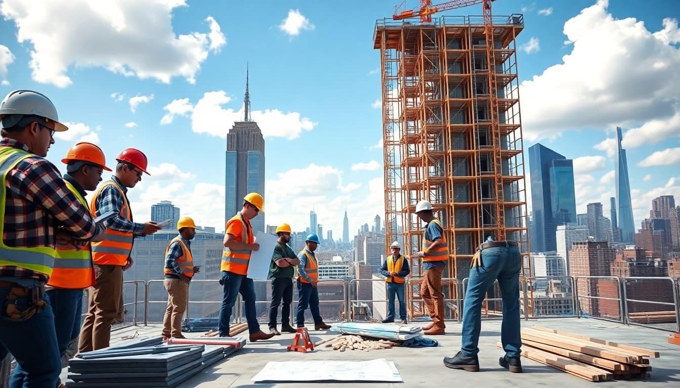 New York City Commercial General Contractor overseeing construction workers on a busy site.