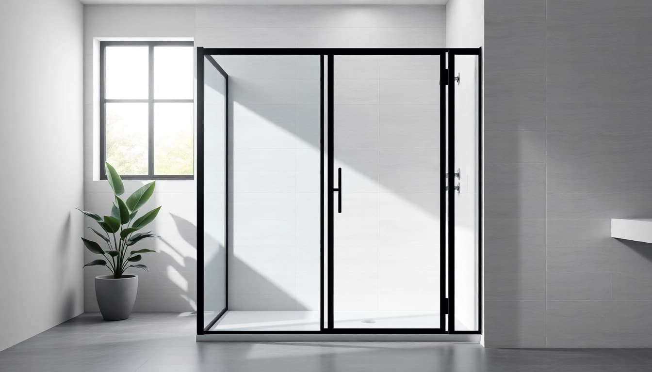 Black shower door in a modern bathroom showcasing sleek and minimalist design.