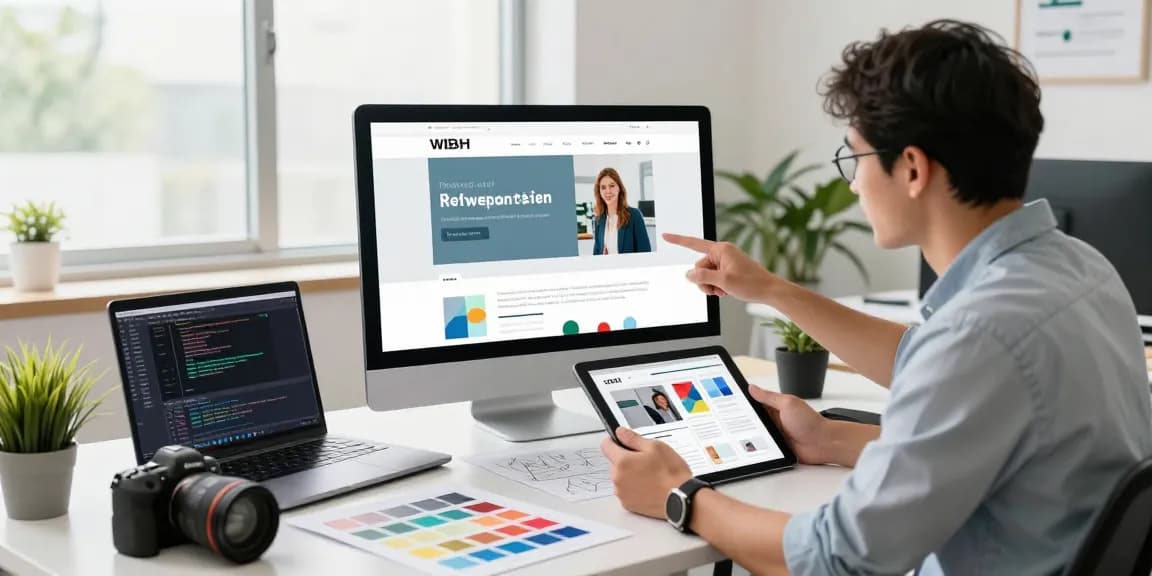 Professional web designer showcasing website prototypes at ghanawebdesigns.com in a vibrant office.