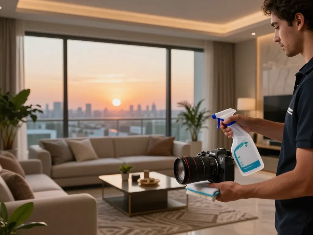 Stunning scene of airbnb management in Dubai, showcasing luxury apartment preparation for guests.