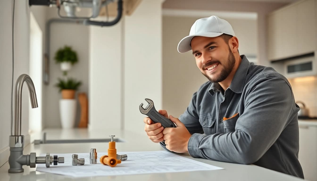 Find expert plumber near me fixing pipes in a well-lit kitchen.