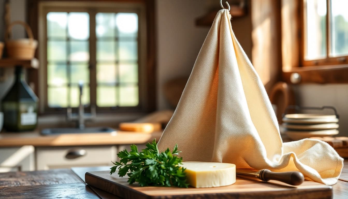 Kaasdoek hangt elegant in een rustieke keuken met verse ingrediënten.