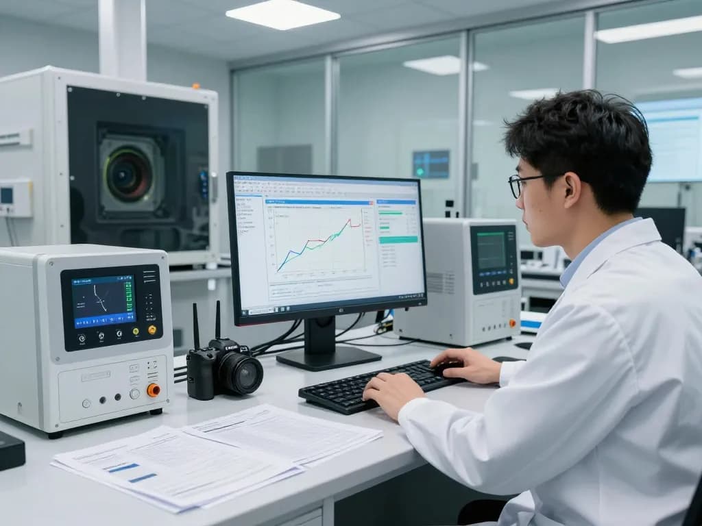 Engineer conducting ISED compliance testing in modern EMC lab with advanced equipment.