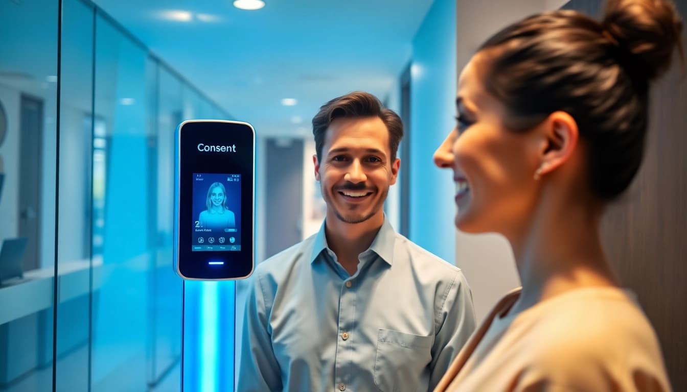 Facial recognition clock in clock out system at a corporate office entrance, showcasing employee check-in with a biometric device.