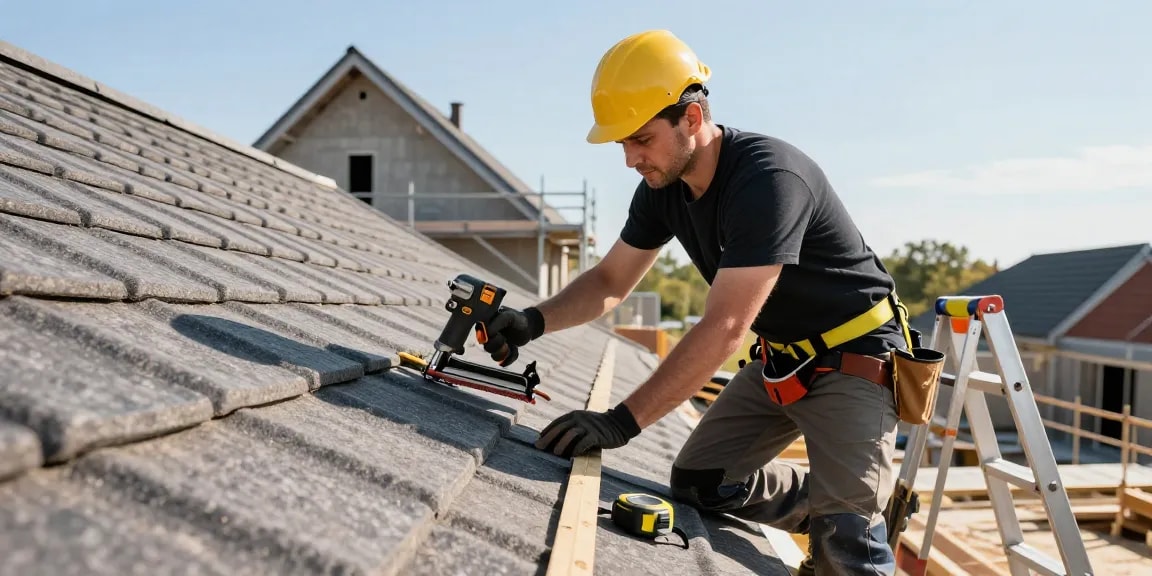 Roofing expert at work installing tiles, showcasing an entreprise de toiture à seraing that emphasizes quality and professionalism on a construction site.