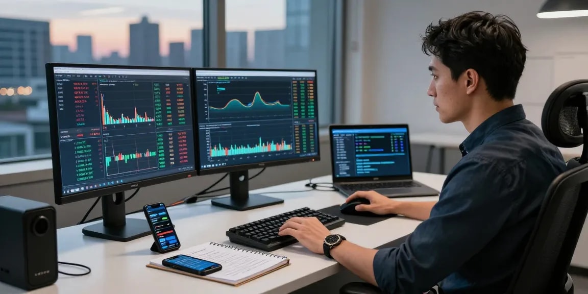 Real-time trading vps setup with multiple monitors, professional trader working in a modern workspace.