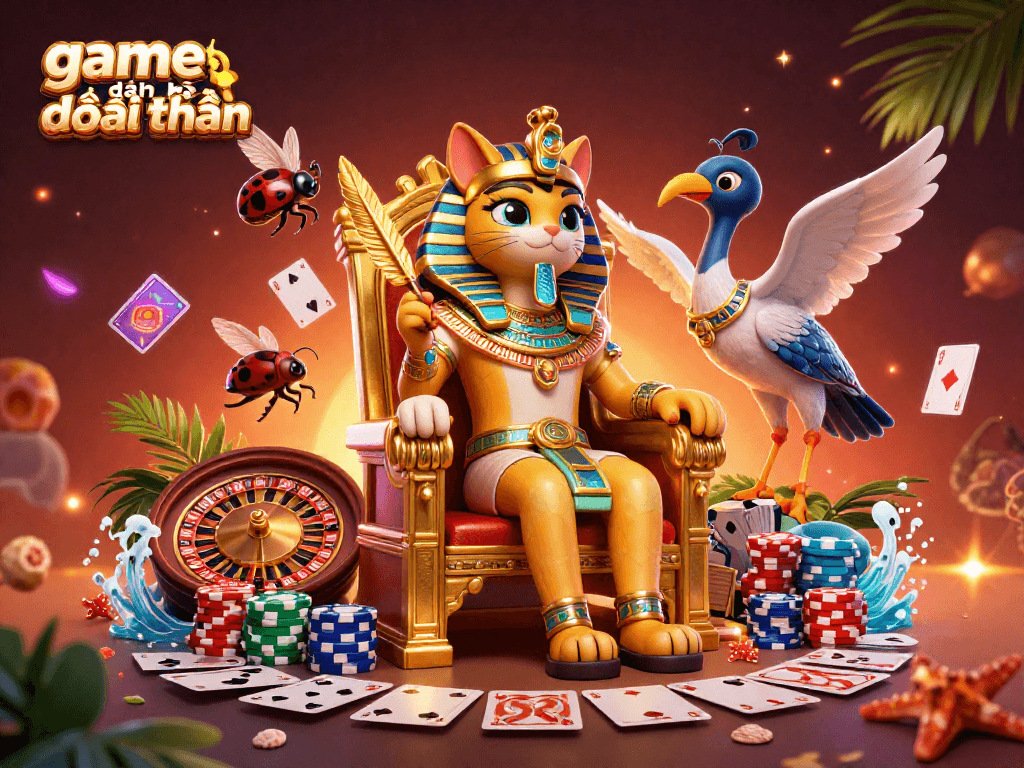 Engage in game đánh bài đổi thưởng featuring a pharaoh cat, poker elements, and vibrant casino ambiance.