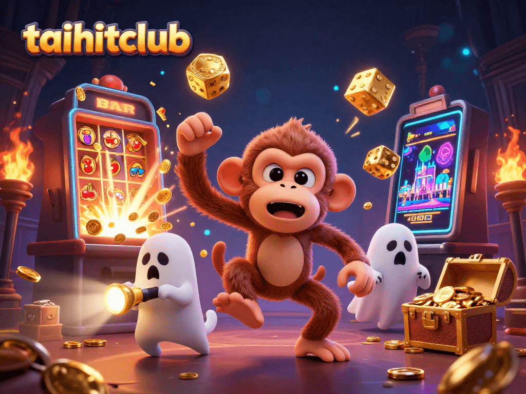 Experience taihitclub's thrilling jackpot scene with an animated monkey and puppy in a vibrant casino.