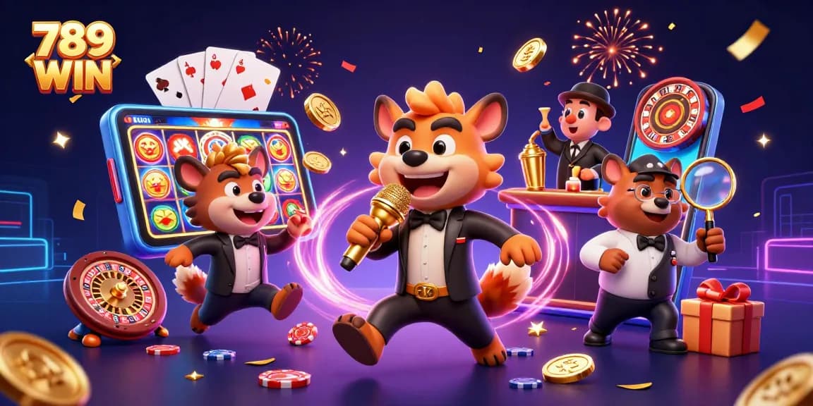 Experience the exciting atmosphere of 789 WIN casino with engaging hyena characters and vibrant gaming elements.