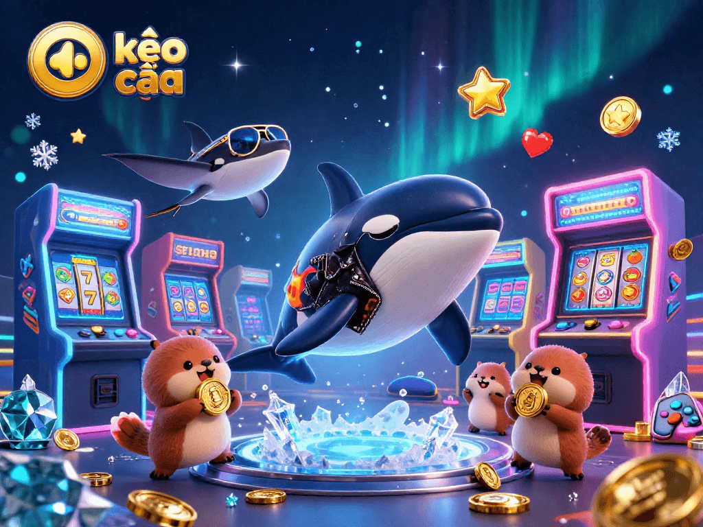 Engage with kèo nhà cái through vibrant casino-themed scenes featuring an orca, stingray, and otters with coins.