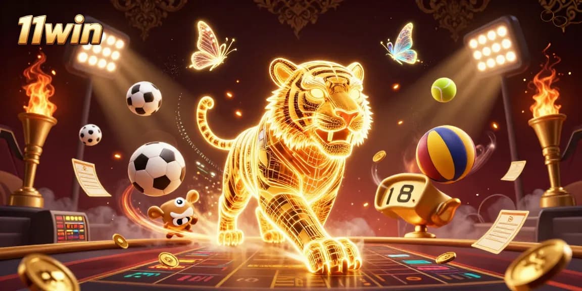 Immerse yourself in 11win's vibrant casino world, featuring a dazzling golden tiger and dynamic sports elements.