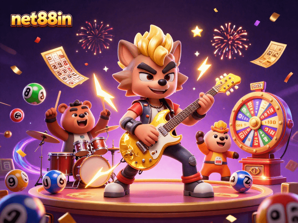Experience high-energy gaming with net88in as characters celebrate on a vibrant casino stage