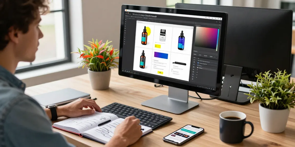 Digital marketer using rmbg.pro for background removal on vibrant product images in a modern workspace.
