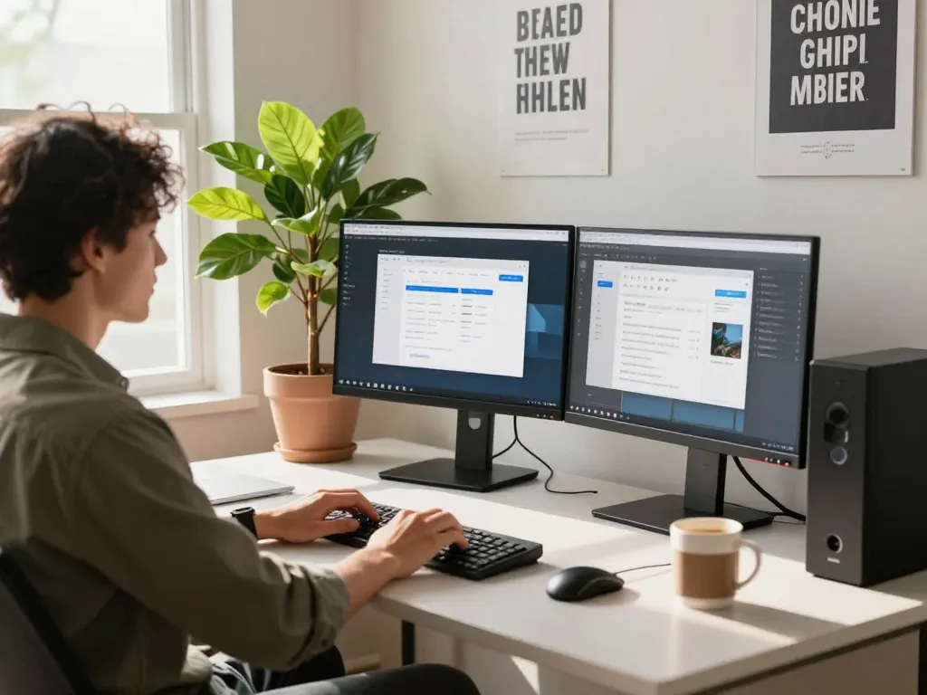 Stylish home office with a refurbished pc, inviting workspace with bright natural light.