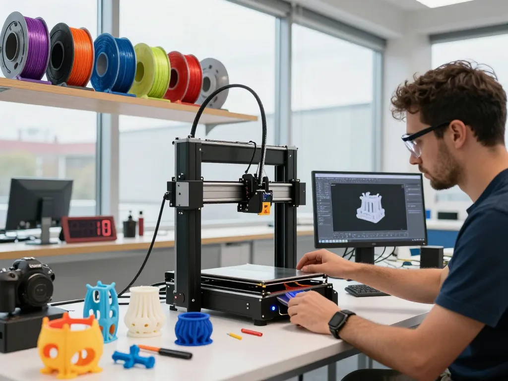 3D Printing technician operating high-end printer in a creative workshop