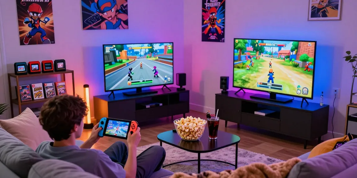 Exciting gaming lounge where players enjoy favorite switch roms with vibrant lighting and snacks.