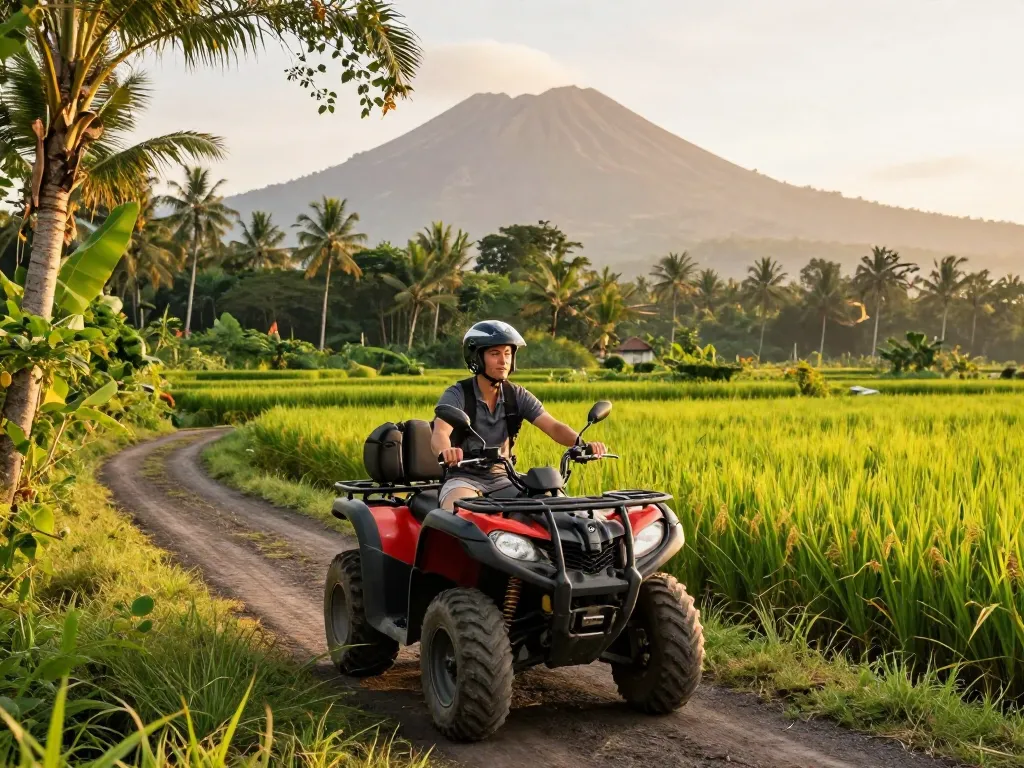 Bali tour adventure on an ATV through lush jungles and rice fields at sunset
