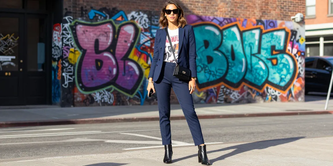 Fashion tips displayed through an urban scene featuring a stylish individual in trendy outfit showcasing modern street style.