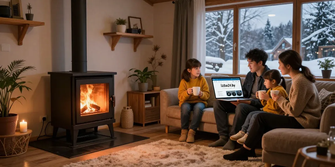 A family enjoying warmth from a stove while browsing heating equipment on izba24.by in a cozy living room.