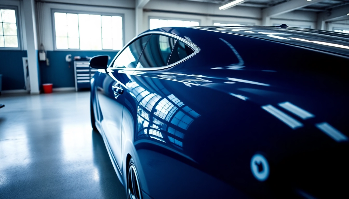 Car covered with glossy paint protection film near me in a professional garage setting.