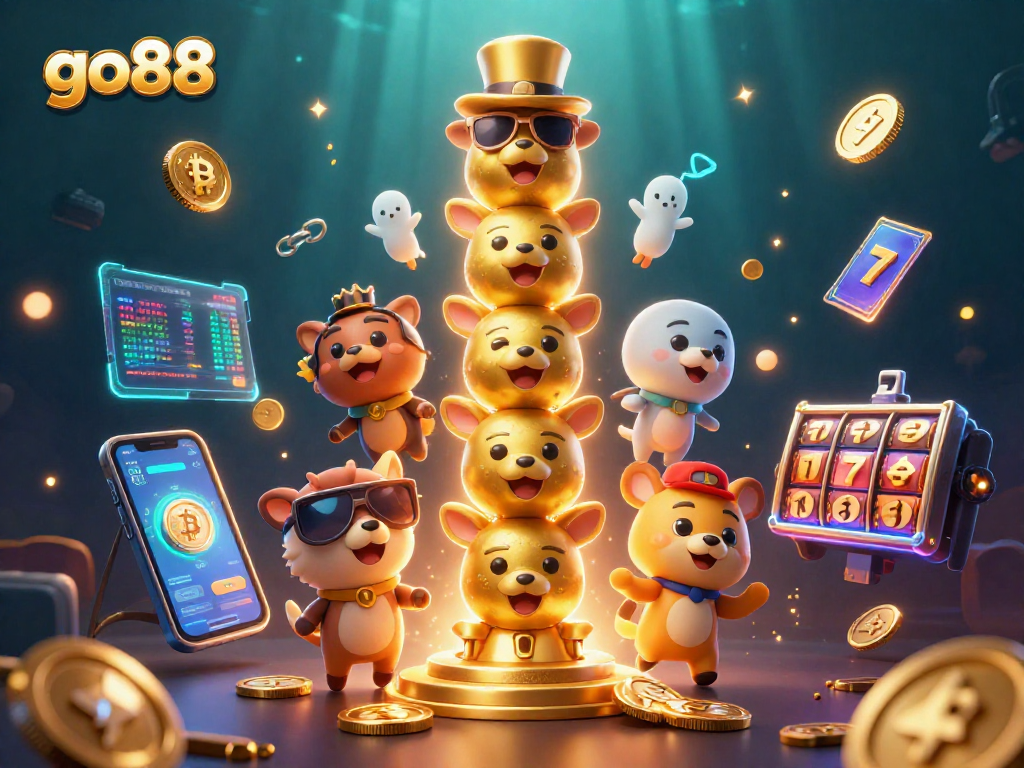 Engage with go88's thrilling gaming experiences, featuring vibrant characters and neon crypto elements.