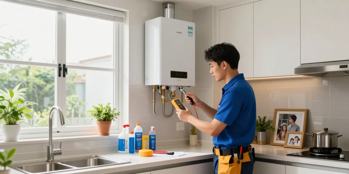 Electrician in Singapore installing a modern water heater in a bright kitchen, showcasing professional plumbing services.