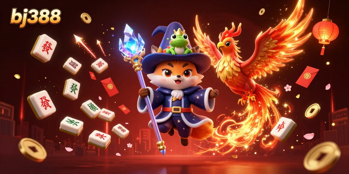 BJ388 showcases thrilling online betting with a wizard fox and phoenix amidst dazzling casino elements.