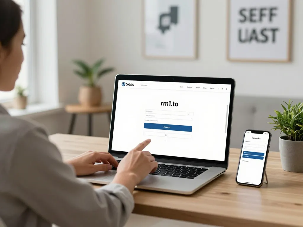 Secure rm1.to login process on a laptop in a modern workspace.